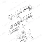 Yanmar SV20 hydraulic equipment exploded view showing travel motor components, gears, pistons, and valve assembly parts.