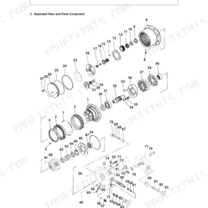 Yanmar SV20 hydraulic equipment exploded view showing travel motor components, gears, pistons, and valve assembly parts.