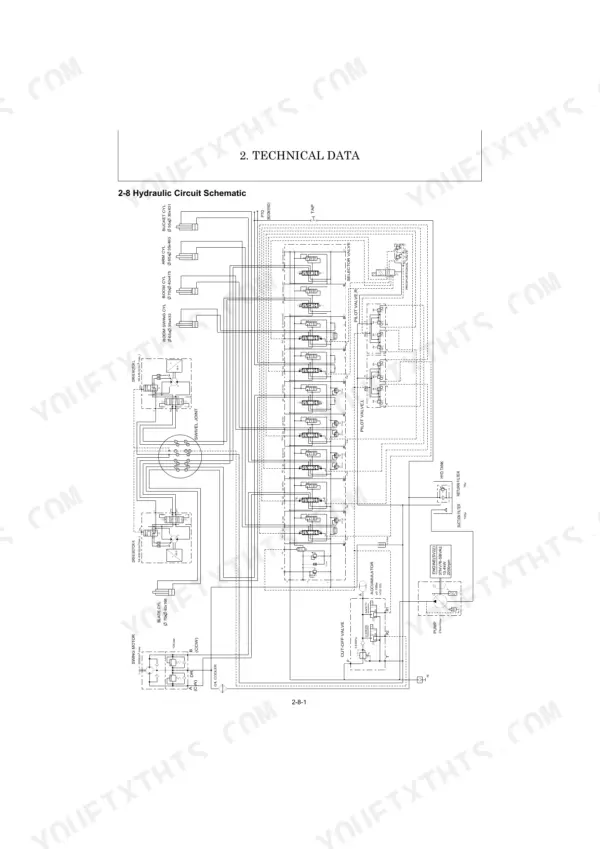 Yanmar SV22 hydraulic circuit schematic showing pump, control valves, cylinders, and motor connections.