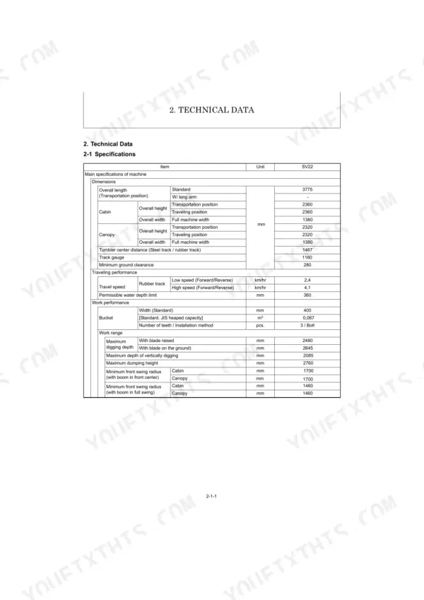 Yanmar SV22 technical data table showing machine dimensions, traveling performance, bucket specs, and work range values.
