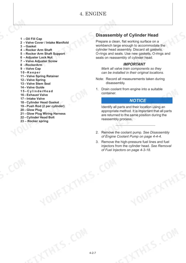 Yanmar SV26 engine cylinder head disassembly procedure, parts list, and valve train component removal instructions.