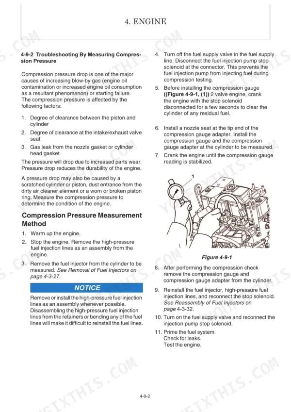 Yanmar SV26 engine compression pressure measurement procedure and troubleshooting diagram with gauge.