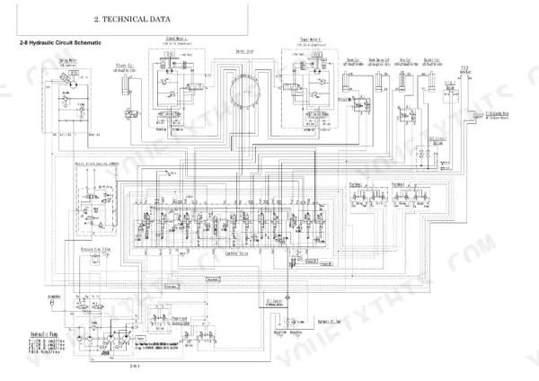 Yanmar SV60-A hydraulic circuit schematic showing control valve, travel motors, cylinders, and pump connections.