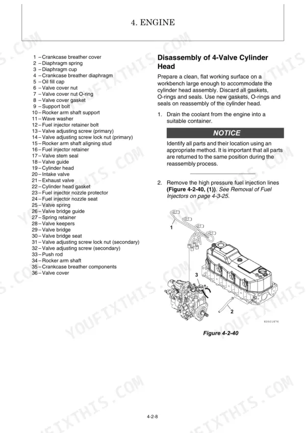 Yanmar SV60-A engine cylinder head disassembly procedure, parts list, and fuel injection line removal diagram.