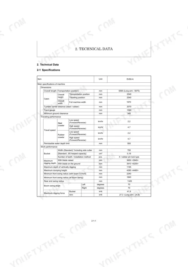 Yanmar SV60-A technical data table showing machine dimensions, traveling performance, and work performance specifications.