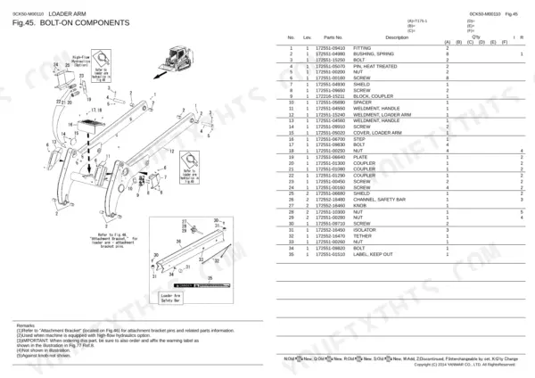 Yanmar T175-1 exploded view diagram and parts list for loader arm bolt-on components, safety bar, and hardware.