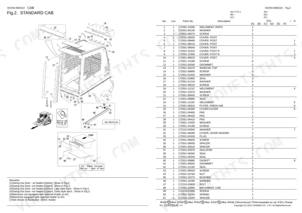 Yanmar T175-1 standard cab exploded view diagram and parts list for ROPS, windows, seals, and fresh air filter components.