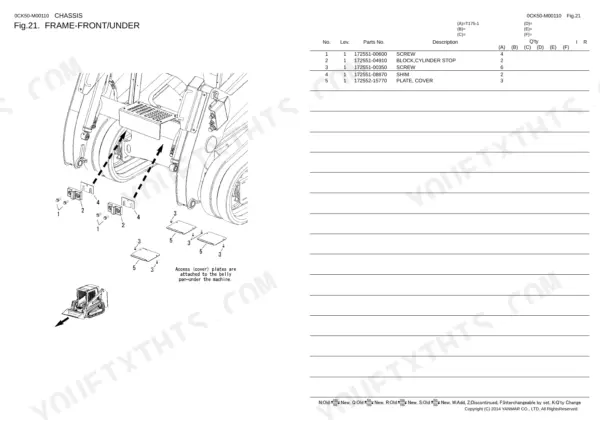 Yanmar T175-1 exploded view of front chassis frame, cylinder stop blocks, shims, and belly pan access cover plates.