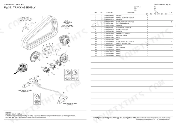 Yanmar T175-1 track assembly exploded view diagram and parts list including tension cylinders, idlers, and drive motors.