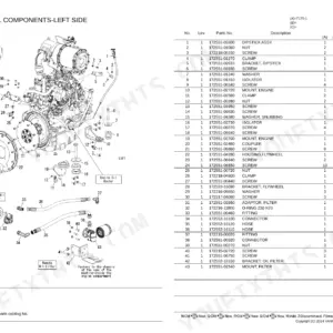 Yanmar T175-1 exploded view of engine external components, left side, with parts list for dipstick, mounts, and oil filter.