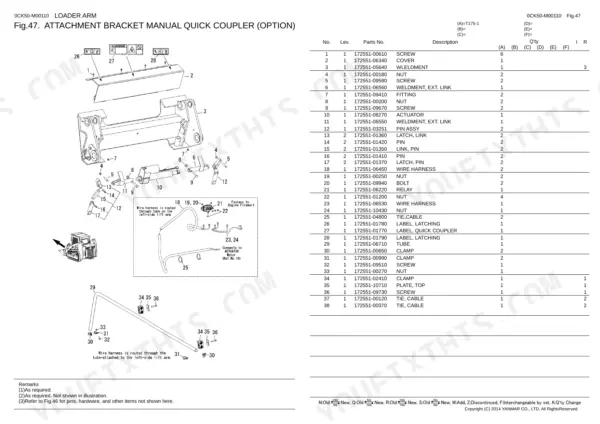 Yanmar T175-1 exploded view of attachment bracket manual quick coupler, including parts list for actuator and wire harness.
