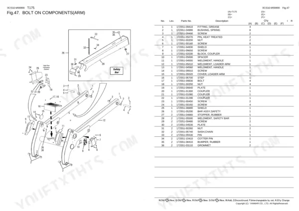 Yanmar T175 exploded view diagram and parts list for bolt-on arm components, including safety bar and hydraulic couplers.
