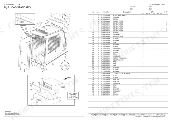 Yanmar T175 standard cab exploded view diagram and parts list for ROPS, windows, seals, and AC heater components.