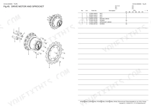 Yanmar T175 exploded view diagram and parts list for drive motor and sprocket assembly components.
