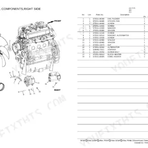 Yanmar T175 exploded view of right side engine components, including alternator, starter, fan, and block heater parts list.