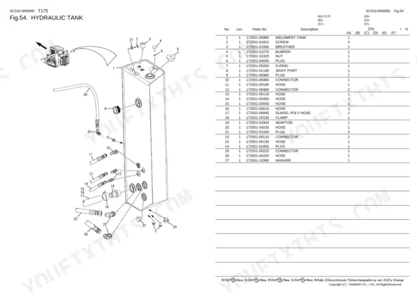 Yanmar T175 hydraulic tank exploded view diagram and parts list with hoses, connectors, and plugs.