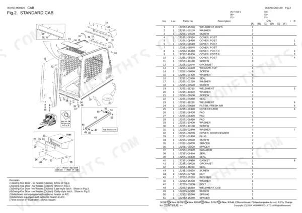 Yanmar T210-1, T210 exploded view diagram and parts list for the standard cab assembly and components.