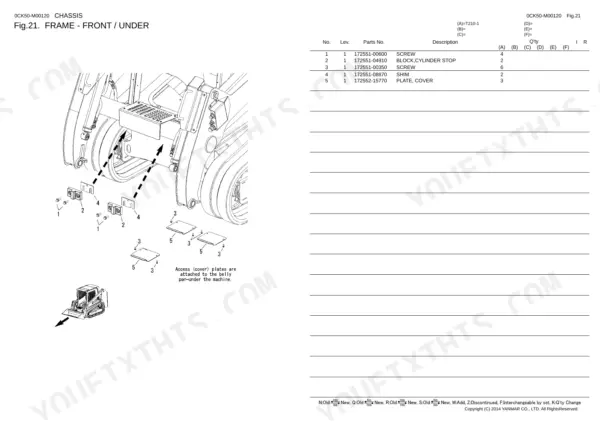 Yanmar T210-1, T210 exploded view of front chassis under belly access cover plates and cylinder stop blocks parts list.