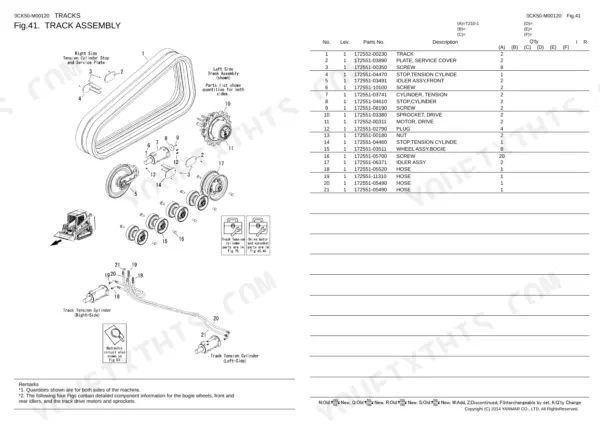 Yanmar T210-1, T210 track assembly exploded view diagram and parts list including tension cylinders and bogie wheels.