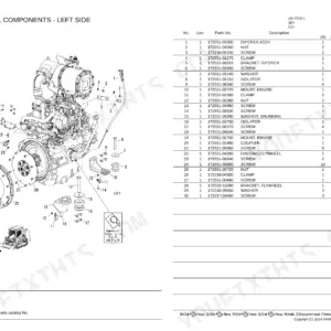 Yanmar T210-1, T210 engine left side external components exploded view diagram and parts list with dipstick and flywheel