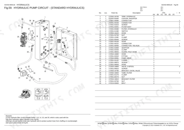 Yanmar T210-1, T210 hydraulic pump circuit parts diagram and list for standard hydraulic system components.