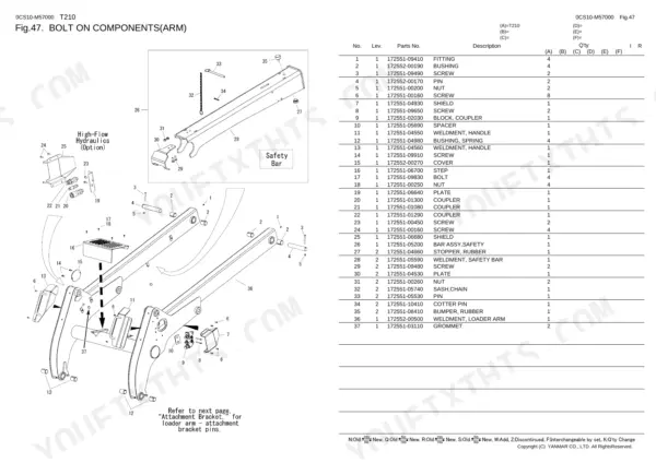 Yanmar T210 exploded view diagram and parts list for loader arm bolt-on components and safety bar assembly.