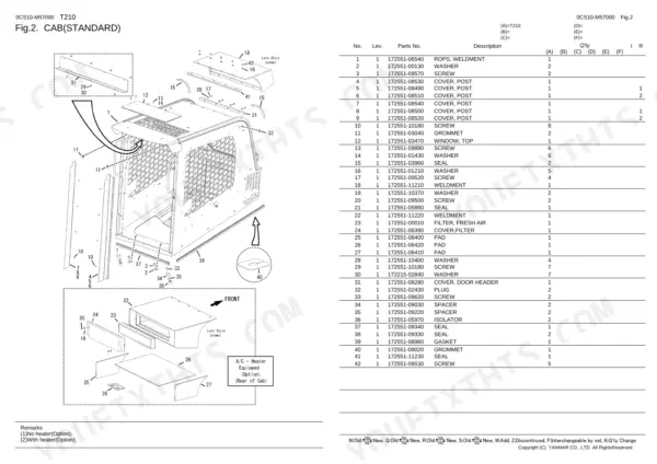 Yanmar T210 exploded view diagram and parts list for standard cab assembly, including ROPS, covers, and seals.