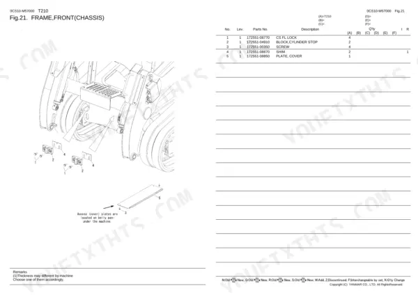 Yanmar T210 parts catalog exploded view of front frame chassis components, including cylinder stop blocks and cover plates.