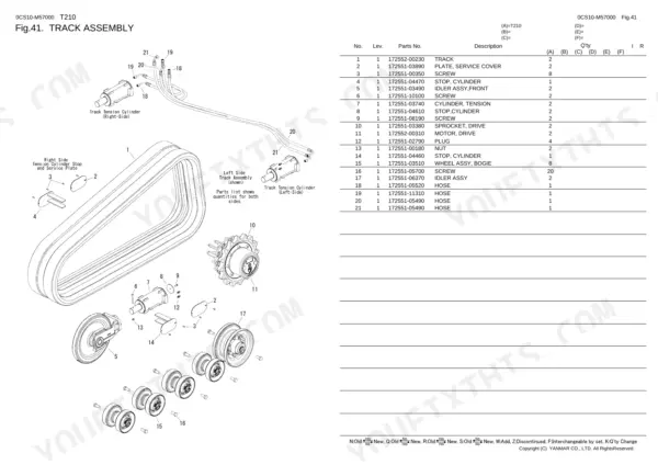 Yanmar T210 track assembly exploded view showing tension cylinders, drive motor, idler, bogie wheels, and parts list.