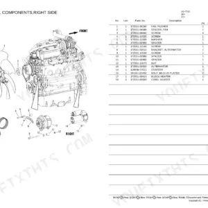 Yanmar T210 exploded view of engine external components, right side, including alternator, starter, and block heater.