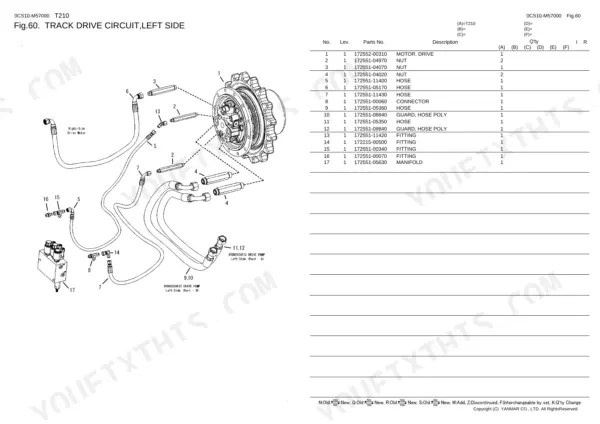Yanmar T210 track drive circuit left side hydraulic hose and fitting diagram with parts list table.