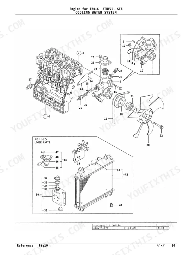 Yanmar 3TNV70-STB cooling water system exploded view diagram.