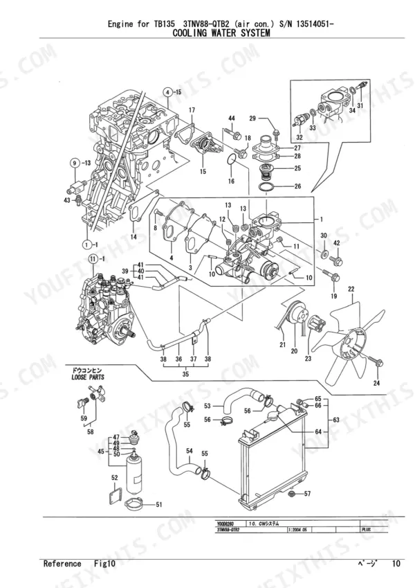 Yanmar TB135 3TNV88-QTB2, TB135, 3TNV88-QTB2 exploded view of cooling water system including radiator, fan, and thermostat.