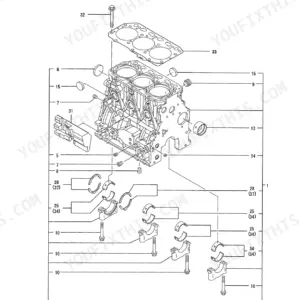 Yanmar TB135 3TNV88-QTB2, TB135, 3TNV88-QTB2 exploded view diagram of the engine cylinder block and main bearings.
