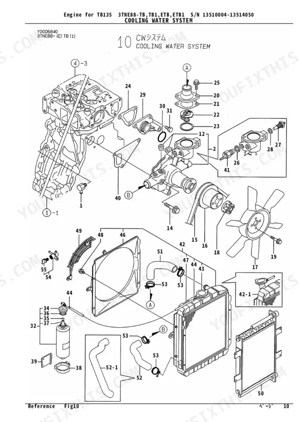 Yanmar TB135, 3TNE88-TB, 3TNE88-TB1, 3TNE88-ETB, 3TNE88-ETB1, 3TNV88-QTB, 3TNV88-QTB1, 3TNV88-QTB2, TB1, ETB, ETB1 cooling water system diagram