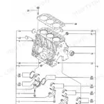 Yanmar TB135, 3TNE88-TB, 3TNE88-TB1, 3TNE88-ETB, 3TNE88-ETB1, 3TNV88-QTB, 3TNV88-QTB1, 3TNV88-QTB2, TB1, ETB, ETB1 cylinder block exploded view showing main bearings, bolts, and head gasket.