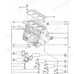 Yanmar TB135, 3TNE88–TB, TB1, ETB, ETB1, 3TNV88-QTB, QTB1, QTB2, 3TNE88-TB exploded view of engine cylinder block assembly.