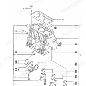 Yanmar TB135, 3TNE88–TB, TB1, ETB, ETB1, 3TNV88-QTB, QTB1, QTB2, 3TNE88-TB exploded view of engine cylinder block assembly.