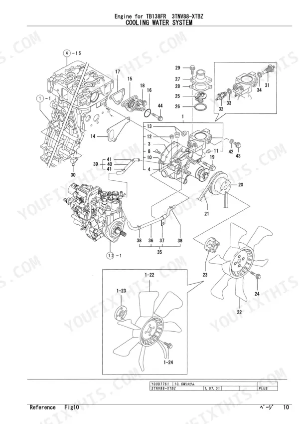 Yanmar TB138FR, 3TNV88-XTBZ exploded view of cooling water system components including water pump, fan, and thermostat.