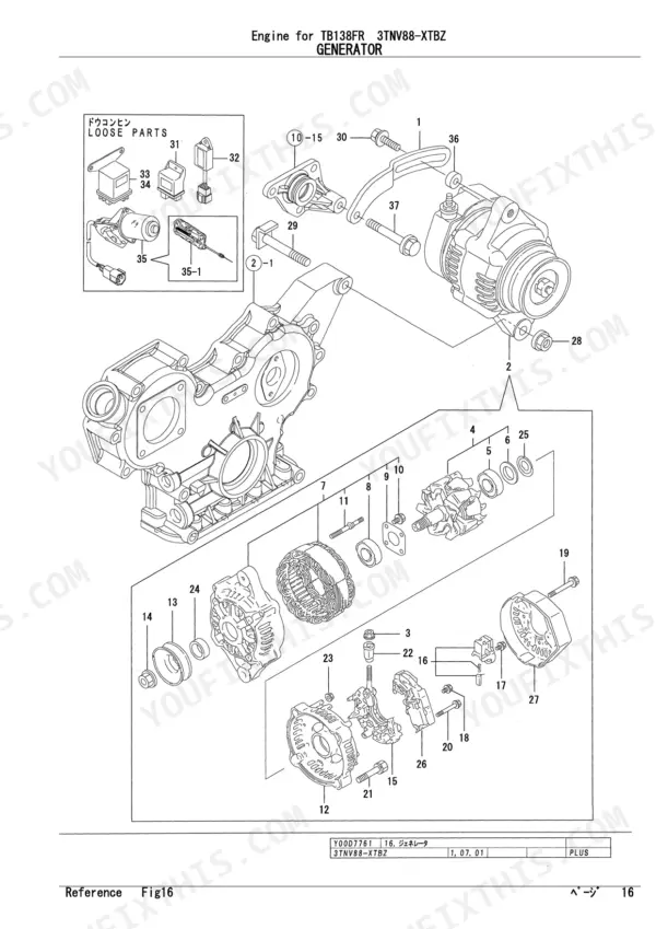 Yanmar TB138FR, 3TNV88-XTBZ exploded view diagram of the engine generator assembly and internal electrical components.