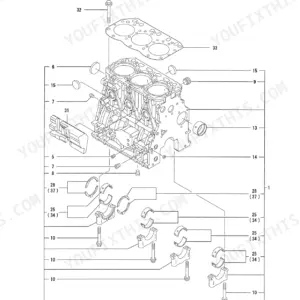 Yanmar TB138FR, 3TNV88-XTBZ exploded view of cylinder block, main bearings, and head gasket components.