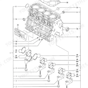 Yanmar TB145 4TNV88-QTB exploded view of engine cylinder block assembly.