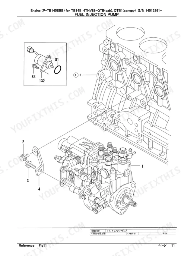 Yanmar TB145 4TNV88-QTB exploded view of fuel injection pump assembly.