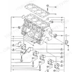 Yanmar TB145, 4TNE88-(E) TB (1), 4TNV88-QTB, QTB1, 4TNE88-TB, 4TNE88-ETB exploded view diagram of engine cylinder block assembly.