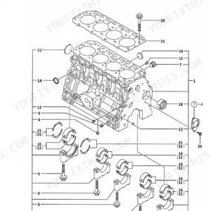 Yanmar TB145, 4TNE88-(E) TB (1), 4TNV88-QTB, QTB1, 4TNE88-TB, 4TNE88-ETB exploded view diagram of engine cylinder block assembly.