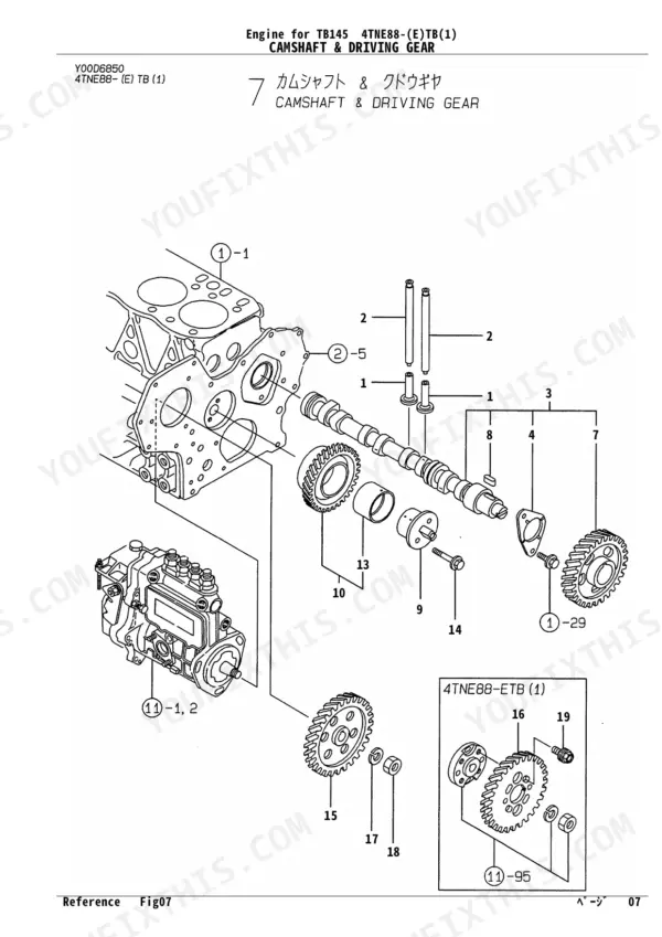 Yanmar TB145, 4TNE88-(E)TB, 4TNV88-QTB, QTB1, 4TNE88-(E) TB (1), 4TNE88-TB, TB1, ETB, ETB1 exploded view of camshaft and driving gear.