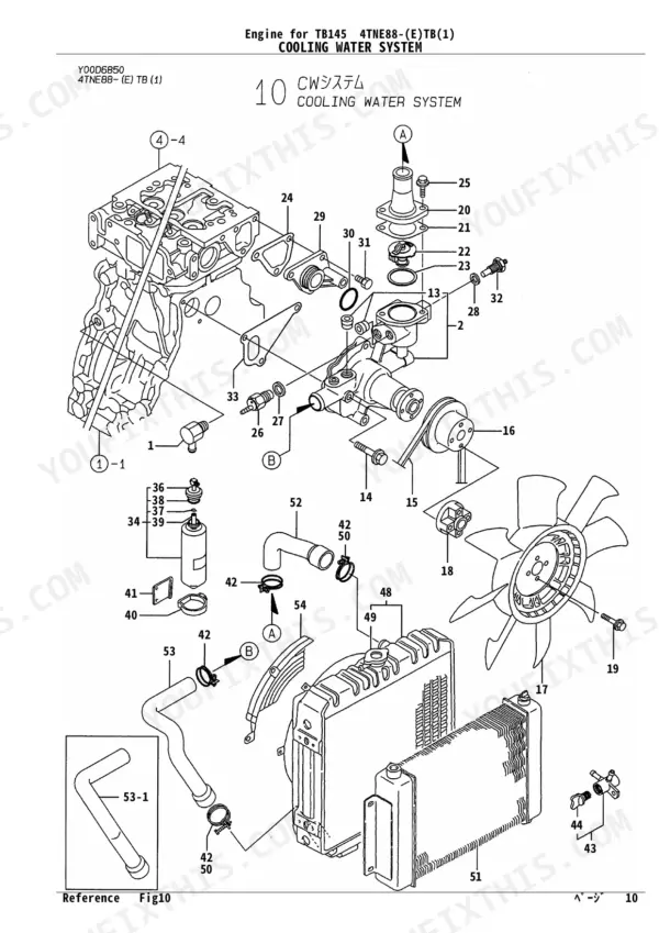 Yanmar TB145, 4TNE88-(E)TB, 4TNV88-QTB, QTB1, 4TNE88-TB exploded view of cooling water system components and radiator.