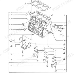 Yanmar 3TNV76-XTB exploded view of engine cylinder block and main bearings.
