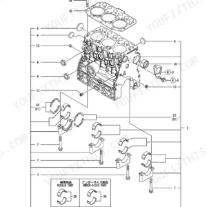 Yanmar TB219 3TNV70-NTB cylinder block exploded view showing main bearings, caps, and engine block components.