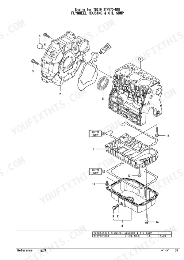 Yanmar TB219 3TNV70-NTB exploded view of engine flywheel housing, oil sump, and gasket assembly components.